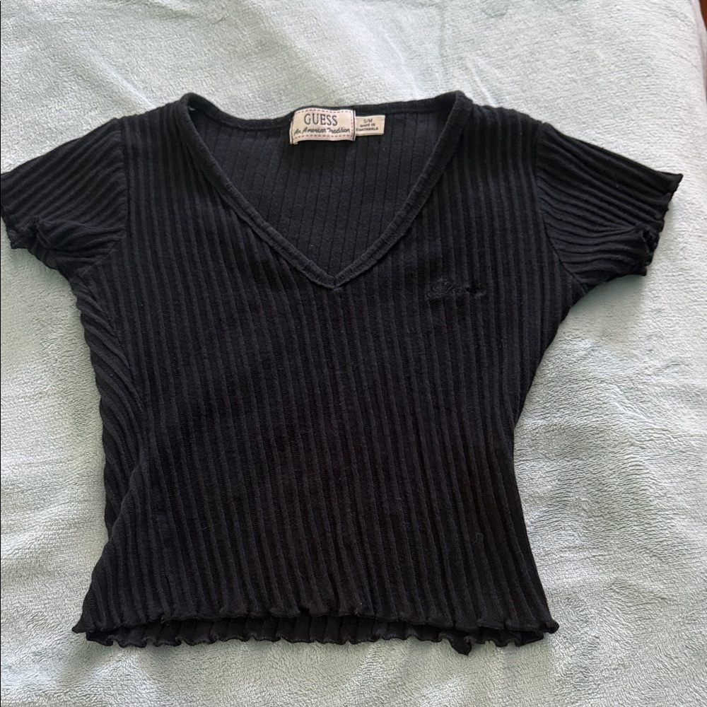 GUESS Black Ribbed Short Sleeve Top